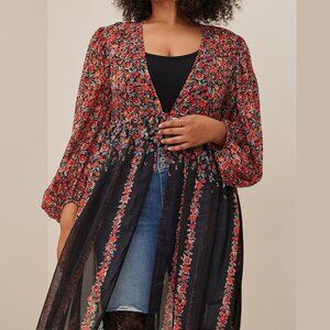 Torrid Floral Red Black Sheer Chiffon Tie-Front Maxi Long Sleeve Kimono Coverup